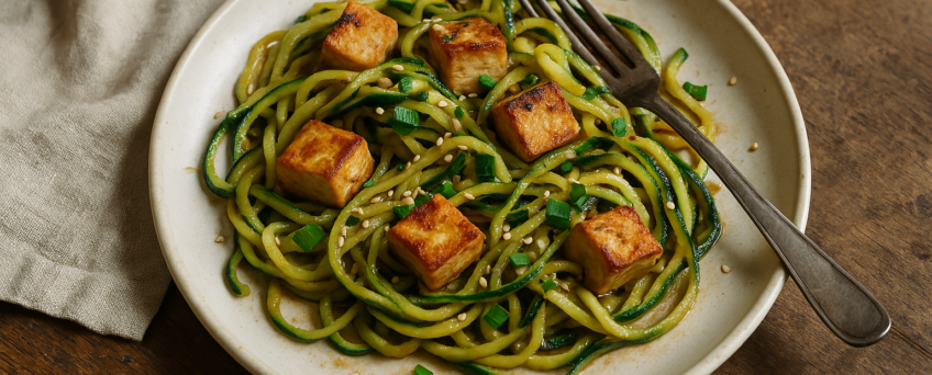 Nouilles de courgette sautées au tofu et sauce tamari-sésame