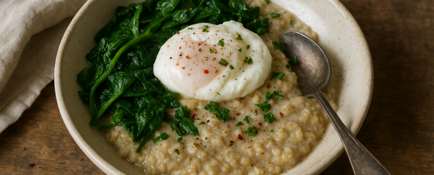 Porridge salé à l’avoine, œuf poché et épinards